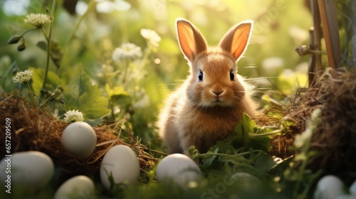 A bunny is lying in a lush meadow surrounded by green grass, with white eggs scattered around © olegganko