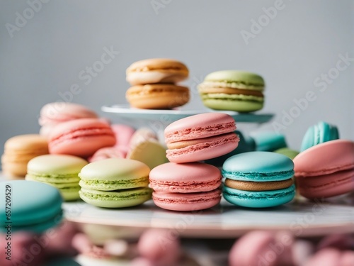 Colorful and delicious macarons in a plate  blurry background
