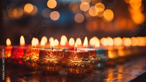 Glowing candles in a blurred menorah