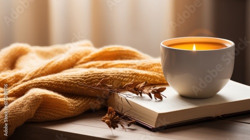 A cozy autumn mood with a white coffee cup and a good book