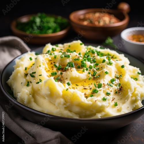 Creamy mashed potatoes with melted butter and chives