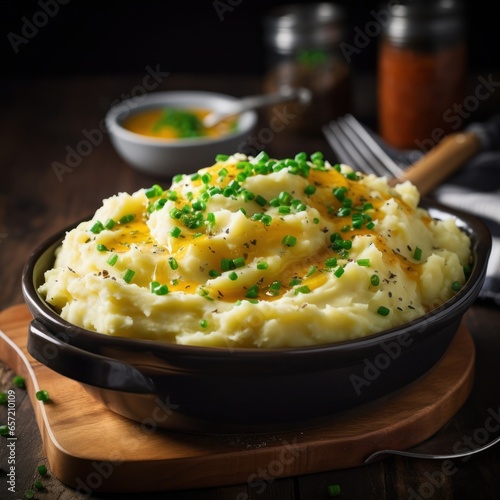 Creamy mashed potatoes with melted butter and chives