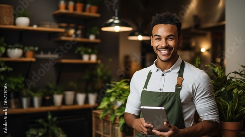 Smiling female entrepreneur holding tablet in her coffee