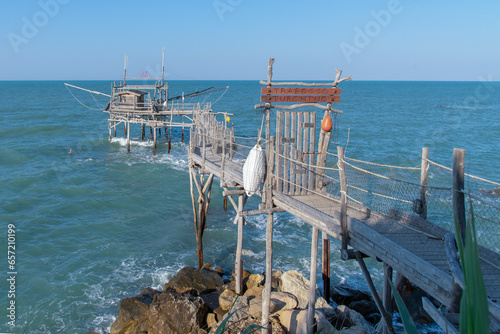  June 2023, San Vito Chietino, Abruzzo, Italy. Trabocchi coast. View of the Turchino Trabocco. Ancient fishing machine.