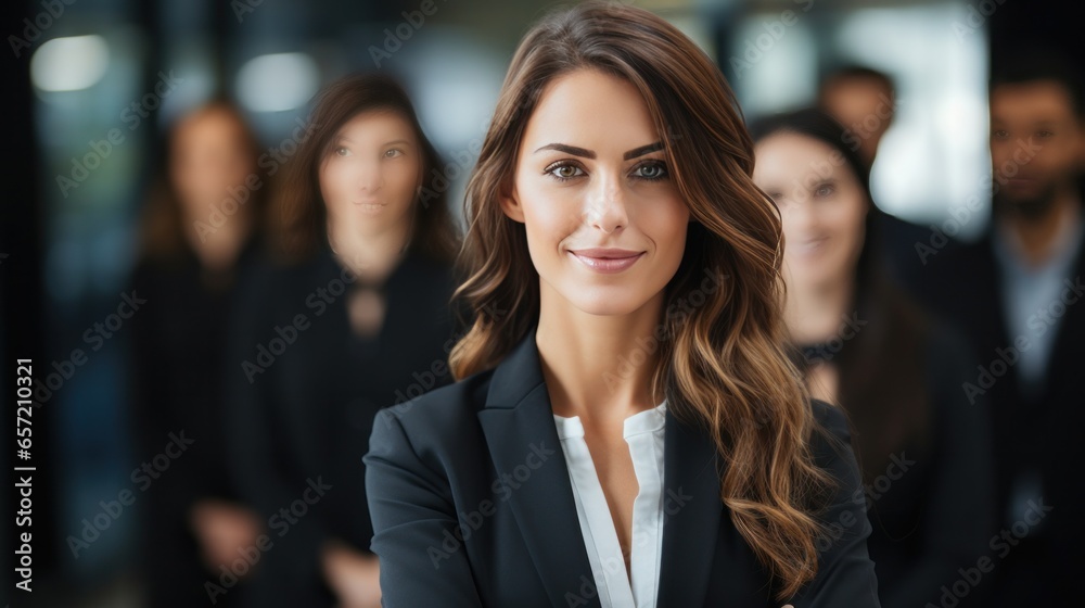 Confident businesswoman standing in front of her team Confident businesswoman standing in front of her team