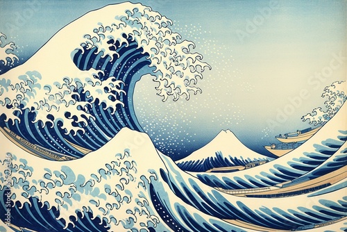 Photographie A restored and recolored high-resolution print of Hokusai's 'The Great Wave off Kanagawa', showcasing traditional Japanese art