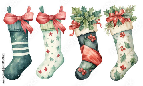 cute watercolor christmas stocking socks isolated on white background vector illustrations 