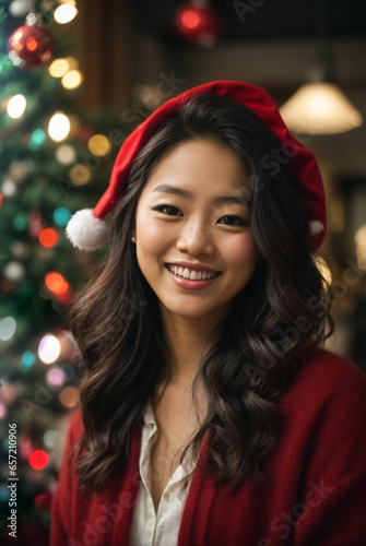 Handsome smiling young asian american woman looking at camera taking a selfie celebrating Christmas