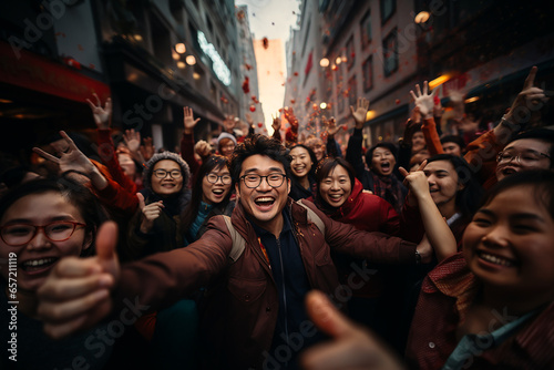 People celebrating Chinese New Year, there is merriment and fireworks, families take to the streets to celebrate Chinese New Year. 