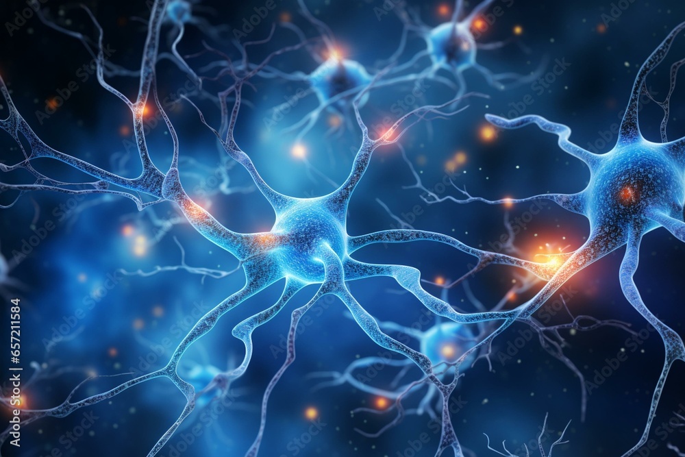 Microglia cells damage myelin sheath in neuron axons resulting in multiple sclerosis. Generative AI - obrazy, fototapety, plakaty 