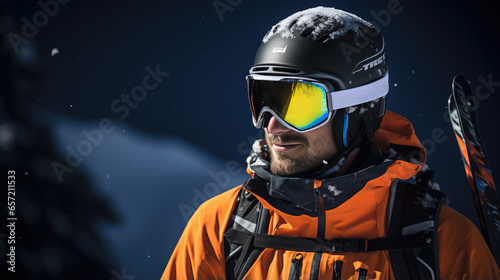 Portrait of a male skier in helmet and winter clothes on the background of snow-covered mountain slope