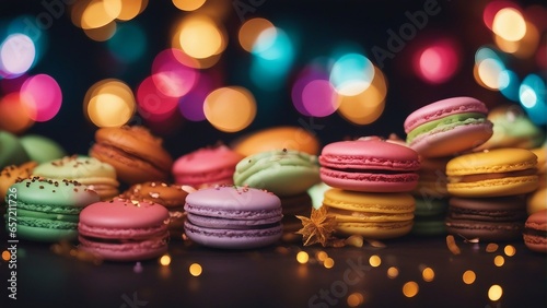 Delicious colorful Macarons with background lights, blurry view