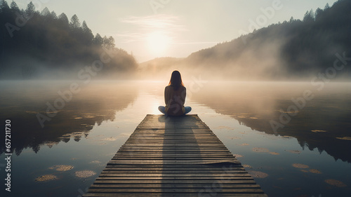 young woman in lotus pose on wooden jetty at lake
