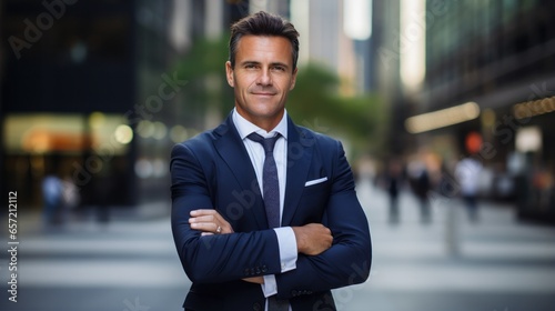 Successful businessman with arms crossed in front of skyscraper