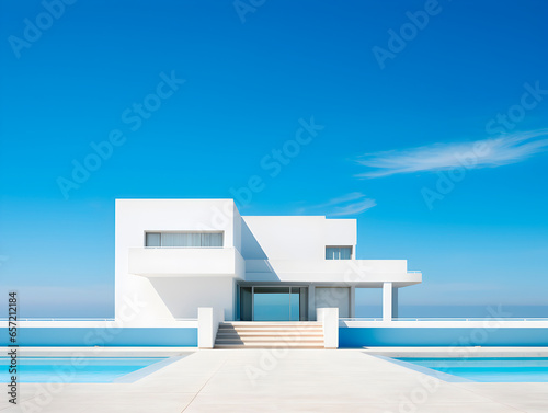 Modern futuristic simple white building with blue skies above - architecture, design, detailed © MadsDonald