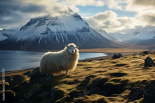 Sheep in Iceland's volcanic landscapes. Generative AI