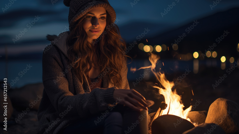 Woman relaxing around a campfire on the beach at night with her friends