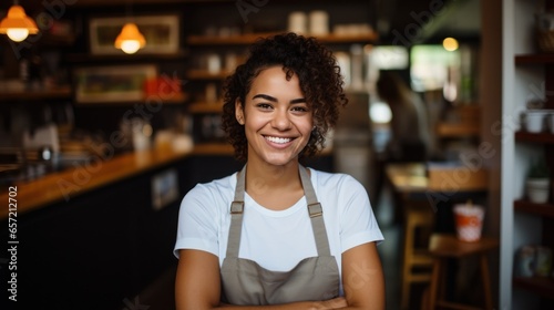 Smiling female entrepreneur holding tablet in her coffee