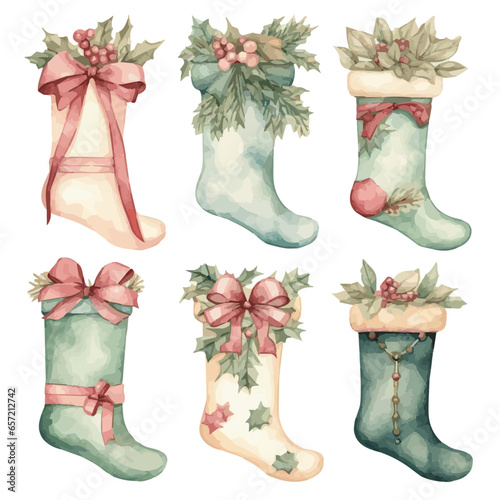 set of watercolor christmas stocking socks vector illustrations