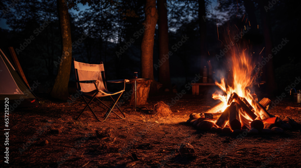 Burning fire next to the tent at night in the countryside Burning fire next to the tent at night in the countryside