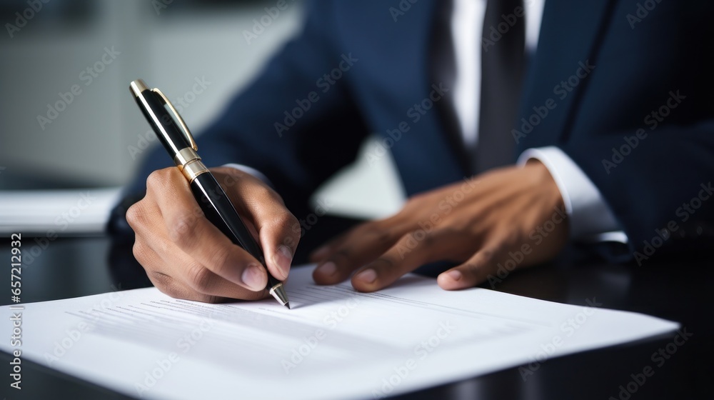 Close-up of businessman hand holding pen and signing doc Close-up of businessman hand holding pen and signing doc