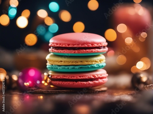 Delicious colorful Macarons with background lights, blurry view