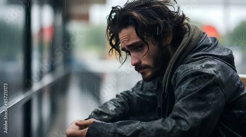 A lonely depressed young man suffering from emotional pain. The drooping face of a middle-aged man experiencing sadness, sitting outside in cloudy weather.
