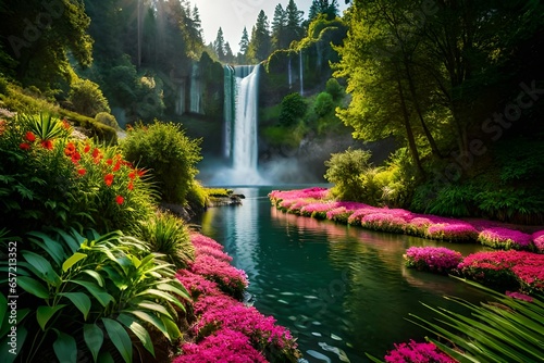 summer beautiful landscape gardens, waterfalls and flowers, magical idyllic background, heavenly view with beautiful fantastic flower