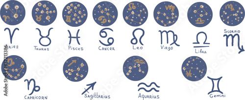 Zodiac signs symbols hand drawn isolated elements on a white background doodle set. graphic illustration horoscope astrology constellations