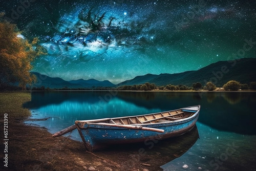 Fantastic starry night landscape with a boat on the lake