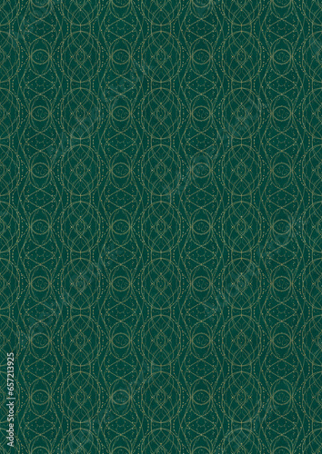 Hand-drawn unique abstract symmetrical seamless gold ornament on a dark cold green background. Paper texture. Digital artwork, A4. (pattern: p10-2f)