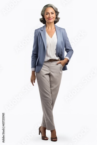 Mature empowered woman posing in full body shot over white background. Full body vertical shot