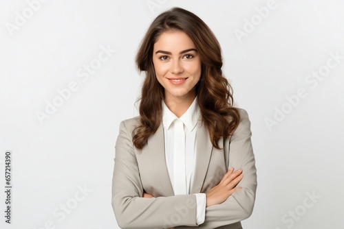 Beautiful and cheerful businesswoman, dressed formally, arms crossed, isolated on a white background