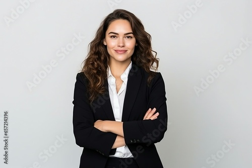 Beautiful and cheerful businesswoman, dressed formally, arms crossed, isolated on a white background