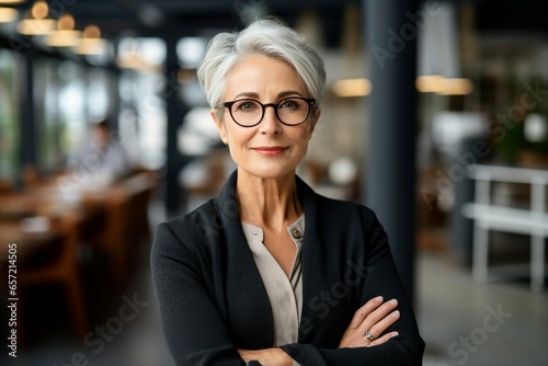 Elegant mature businesswoman exuding confidence, arms crossed in a financial institution