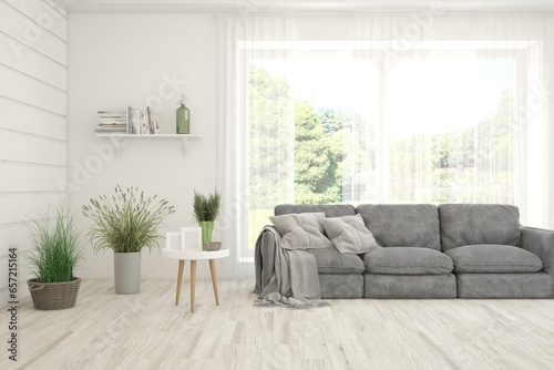 Bright interior design with modern furniture and summer landscape in window. 3D illustration © AntonSh