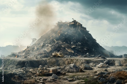 An image of a massive garbage mound in a trash dump or landfill, representing pollution. Generative AI