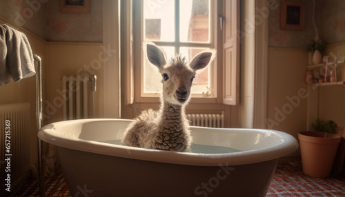 baby vicuna having a bath photo