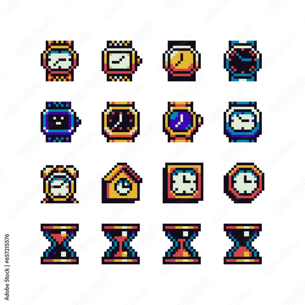 Clock and time pixel art icon set, 8bit sticker design pack. Wrist