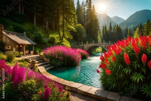 summer landscape with beautiful gardens, waterfalls and flowers