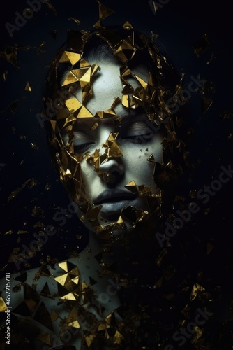 golden cracking and shattering texture on a face. abstract image of a woman portrait. female emotions. surreal. epression, Broken Heart, Sadness, Bully, Cracked, Shattered, Cry, Emotional Pain. photo