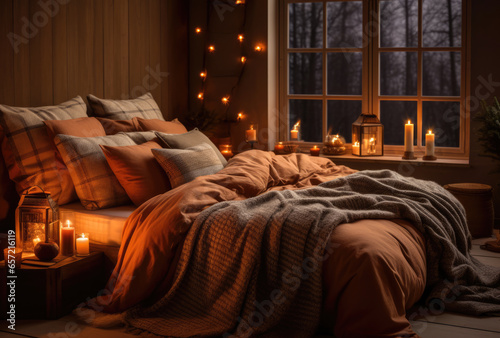 Cozy bedroom with stylish decoration in autumnal style