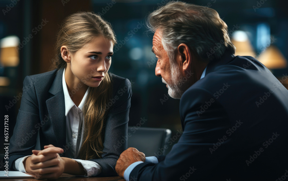 A young business woman discussing with an elder man an investment banker in an office. Generative AI A young business woman discussing with an elder man an investment banker in an office. Generative AI