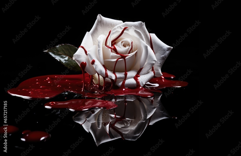 a white rose laying in a puddle or pool of blood. black background. dripping blood on the rose white petals. grief, murder, treason - obrazy, fototapety, plakaty 