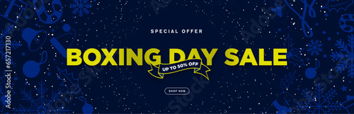 Christmas Boxing Day Sale Banner in blue and yello with Decorative Christmas Ornament designs, snowflakes, snowman, christmas tree balls, santa hat, candy cane. Shop Now Button. Vector Illustration.	
