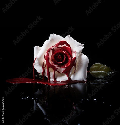 Fototapeta Naklejka Na Ścianę i Meble -  a white rose laying in a puddle or pool of blood. closeup of a single white rose with dripping blood on it's white petals. 
