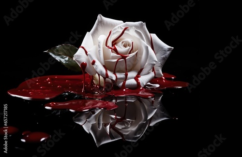 Fototapeta Naklejka Na Ścianę i Meble -  a white rose laying in a puddle or pool of blood. black background. dripping blood on the rose white petals. grief, murder, treason