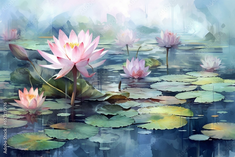 Panoramic watercolor illustration of lotus flower pond. Generative AI