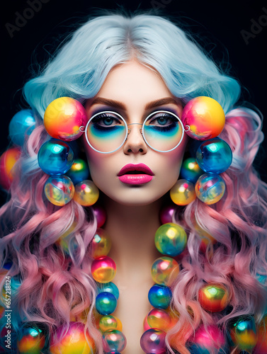 Fashion shot of a beautiful woman with bright makeup and colorful hair.
