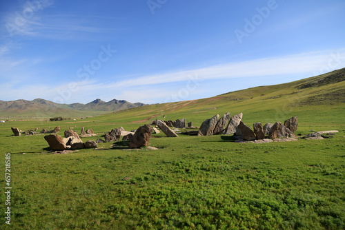 Deer stone monuments and square graves of Temeen Chuluu, Mongolia